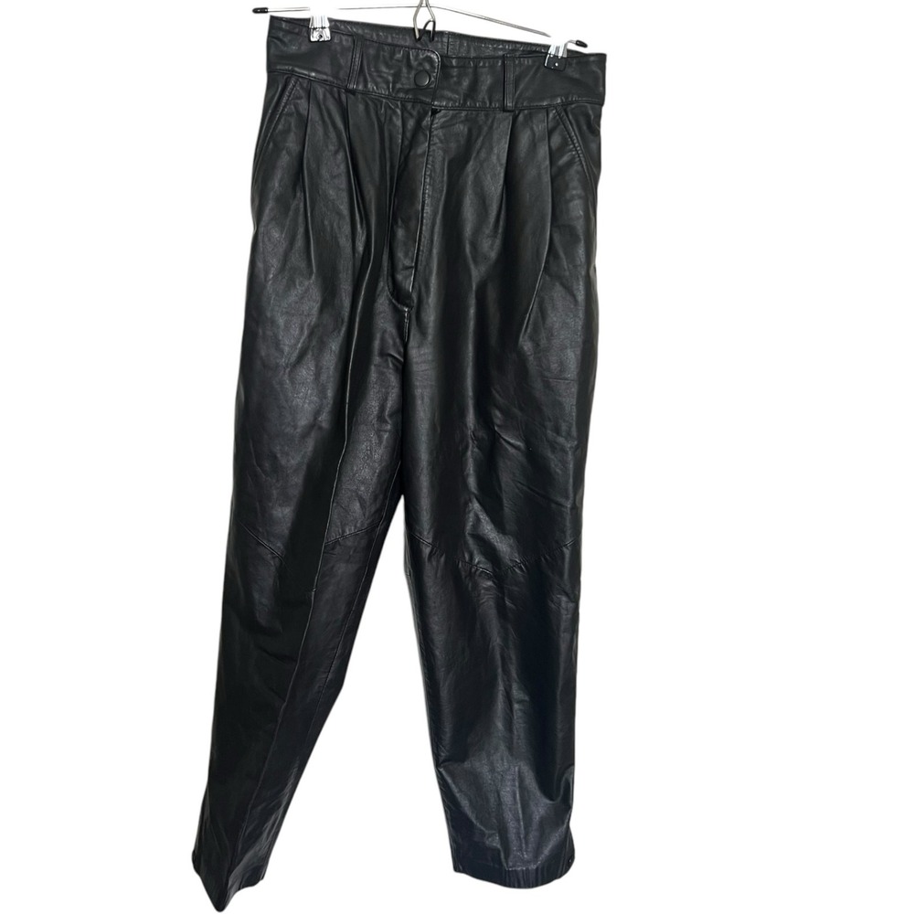 Wilsons Vintage Black Genuine Leather High Waisted Pleated Tapered Pants Size 10
